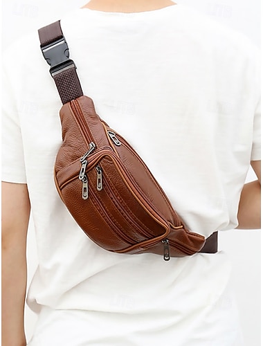  Riñonera de cuero genuino para hombre: riñonera cruzada multibolsillos con correa ajustable, cremalleras duraderas y estilo casual para exteriores para viajes, senderismo y uso diario.