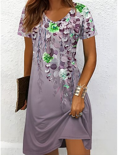  Women's Mini Dress Casual Dress T Shirt Dress Tee Dress Sundress A Line Dress Vacation Casual Boho Beach Regular Fit Ombre Floral Graphic Short Sleeve V Neck Black And White Yellow Red Blue Summer