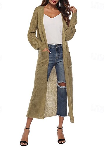  Dam Tröja Kofta Mode Streetwear Dagligen Ensfärgat Ribbad Öppen front Ficka Stickat Långärmad Långa toppar Sticka Helgdag Utekväll Helgen Rodnande Rosa Vin Höst Vinter