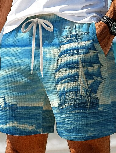 Hombre Náutico Velero Pantalones cortos de gofres Pantalones cortos de sudor Pantalones cortos casuales Media cintura Retro Antiguo Vacaciones Jogging Ejercicio Cintura elástica con cordón Pantalones