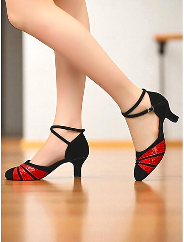  Scarpe da ballo latino con glitter da donna - tacchi rossi e neri con cinturini alla caviglia per spettacoli professionali di ballo da sala e salsa