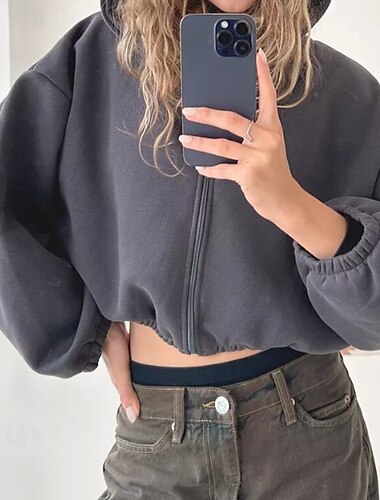  Damskie Bluza z kapturem i bluzą Bluzy rozpinane Równina Moda miejska Codzienny Długi rękaw Kaptur Zwykłe topy Ulica Święto Zamek Czarny Jasnoszary Szary Jesień Zima