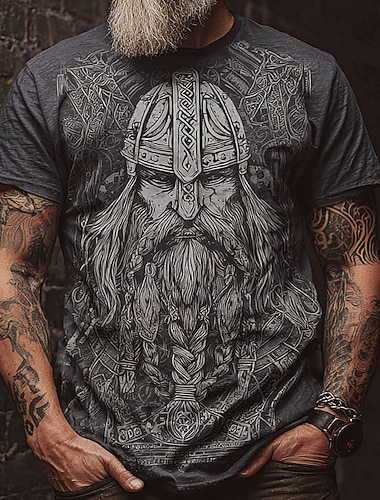  رجالي 3D الفايكينج سلتكس تي شيرت كم قصير تي شيرت طباعة ثلاثية الأبعاد رقبة عالية مدورة قميص الفايكينج مصمم مناسب للحفلات شارع فضفاض أسود رمادي الصيف الربيع ملابس S M L XL XXL XXXL