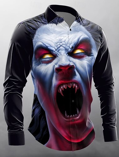  Pánské Lidská tvář Halloweenské kostýmy Košile Košile na knoflíky Dlouhý rukáv Temný punk gotický Dovolená Streetwear Léto Jaro Přehnutý 3D tisk košile s límečkem Černá