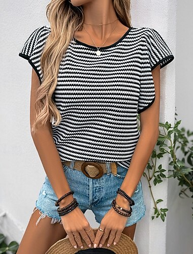  Damen Textur Bluse T Shirt Gestreift Mode Modern Kurzarm Rundhalsausschnitt Normale Oberteile Täglich Druck Schwarz Sommer