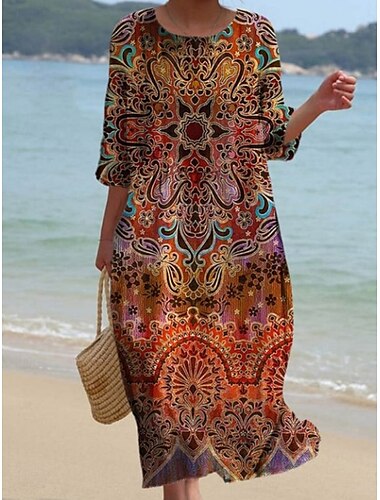  Per donna Abito Midi Vestito Casual Abito Stampato Vintage africano Quotidiano Spiaggia Weekend Vestibilità regolare Floreale Grafico Manica 3/4 Girocollo Rosso Fucsia Marrone Estate Primavera Autunno