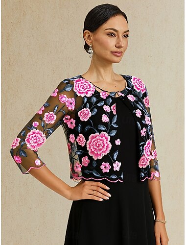  Mulheres Blazer Leve Renda Bordado Elegante Floral Formal Curto Crewneck Normal Manga 3/4 agasalhos Fúcsia Verão Primavera