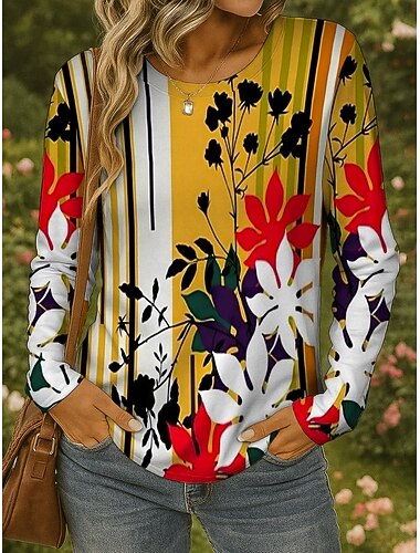  Damen T Shirt Blumen Grafik Geometrisch Vintage Stilvoll Klassisch Langarm Rundhalsausschnitt Rundhals Normale Oberteile Täglich Druck Gelb Rote Blau Purpur Orange Sommer Frühling Herbst