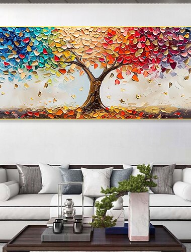  Dipinto a olio originale fatto a mano con albero della vita colorato su tela, paesaggio astratto con albero, arte murale per l'arredamento della casa con cornice tesa senza cornice interna.