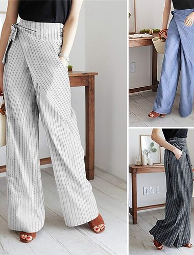  女性用 スーツ ワイドレッグ パンツ ファッション ストリートファッション 全長 ハイウエスト 縞 ドローストリング 通気性 快適 ストリート デイリーウェア お出かけ ホワイト ブルー ダックグレー 春 秋 レギュラー