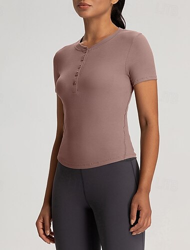 女性用 ヨガTシャツ ヘンリーカラー 伸縮性 高通気性 半袖 スポーツ 純色 トップス ために ピラティス ランニング ヨガ アクティブウェア