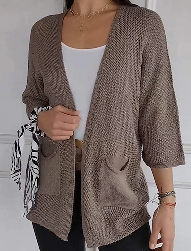 Mulheres Suéter Carregam Moda Roupa de rua Diário Côr Sólida Estriado Abertura Frontal Tricotado Manga 3/4 Tops regulares Tricotar Feriado Para Noite Final de semana Preto Branco Primavera Outono