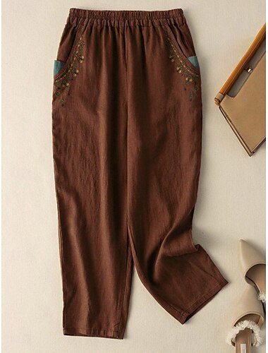  Mujer Pantalones de lino y algodón Chinos Moda Básico Longitud total Alta cintura Floral Bordado Comodidad Al Aire Libre Microelástico Vacaciones Calle Diario Blanco Amarillo Albaricoque Café Verano