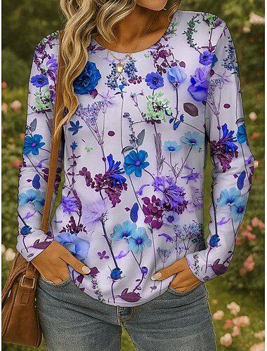  T-shirt femme à manches longues col rond tunique graphique floral plantes vintage stylée classique col rond tops réguliers impression quotidienne jaune rouge bleu violet vert automne préautomne
