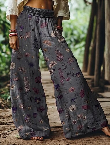  Women's Wide Leg Pants Trousers Palazzo Pants Fashion Boho Full Length High Waist Flower Elastic Waist Print Breathability Comfortable Street Daily Wear Going out Purple Spring Fall Regular Fit