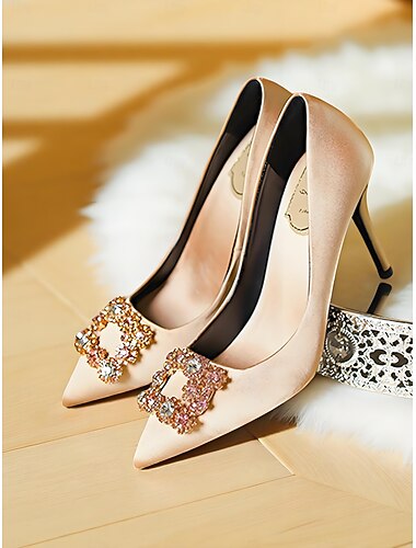  Escarpins à talons hauts en satin doré pour femmes, bout pointu, élégants, avec boucle en strass, pour cocktails et soirées