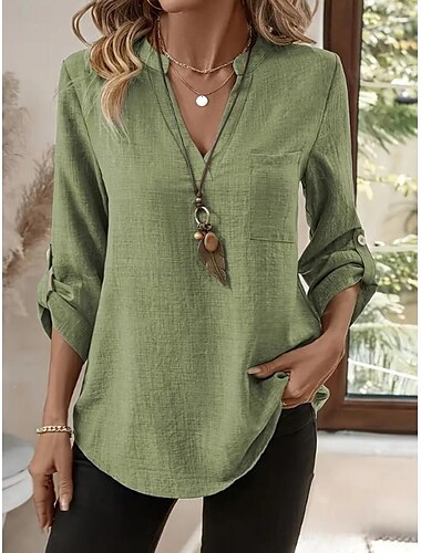  Mulheres Camisas de algodão e linho Côr Sólida à moda Casual Manga Longa Decote V Tops regulares Diário Botões Azul Roxo Verde Cáqui Bege Verão Primavera
