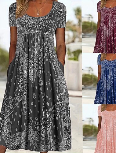 Per donna Abito Midi Abito a trapezio Abito Estivo Casual Quotidiano Vestibilità regolare Paisley Manica Corta Collo quadrato Rosa Rosso Blu Grigio Estate