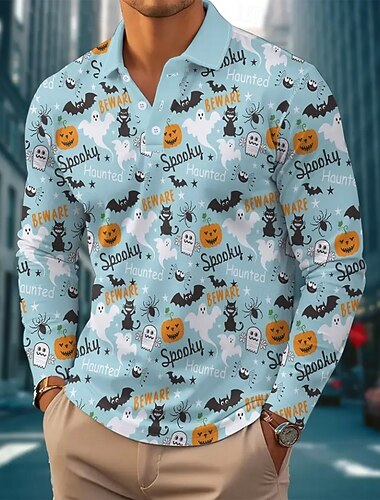  Halloween Pánské Kočka Dýně Pólo Dlouhý rukáv Polo tričko Klopa Na běžné nošení Venkovní ulice Denní nošení 3D tisk Knoflíky Jaro Podzim Zima Vodní modrá