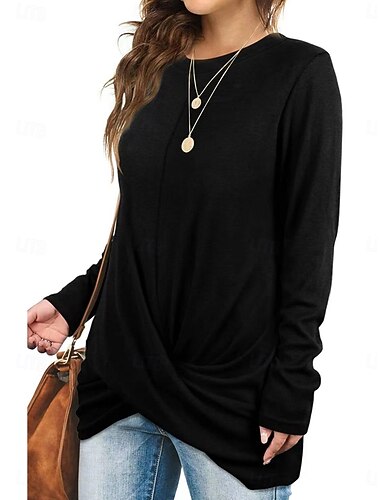  Mujer Blusa Color sólido Elegante Casual Manga Larga Cuello Barco Tops regulares Diario Frunce Negro Blanco Vino Verde Trébol Beige Verano Primavera Otoño