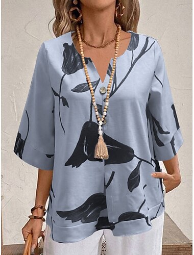  Mujer Camisa Floral Elegante Moderno Manga 3/4 Escote en Pico Tops regulares Diario Festivos Estampado Blanco Amarillo Rojo Morado Azul claro Verano