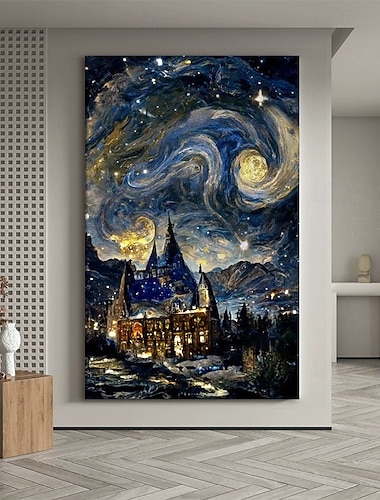  Pintura a óleo feita à mão em tela para decoração de parede, céu estrelado abstrato, paisagem de castelo para decoração de casa, moldura esticada, pintura pendurada/pintura enrolada sem moldura, não