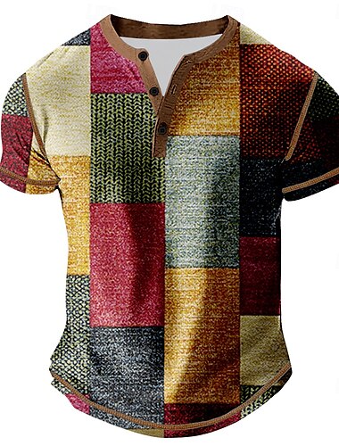  Homens Gráfico Bloco de cor Camisa Henley Camisetas Manga Curta Vintage Moda Designer Ao ar livre Casual Diário Primavera & Outono Todas as Estações Cinzento Vermelho Henley Camiseta Henley
