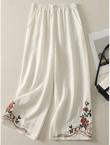  Mujer Pantalones de lino y algodón Chinos Estilo Étnico Básico Casual Longitud total Alta cintura Floral Bordado Bolsillo Cintura elástica Comodidad Al Aire Libre Microelástico Vacaciones Calle Diario