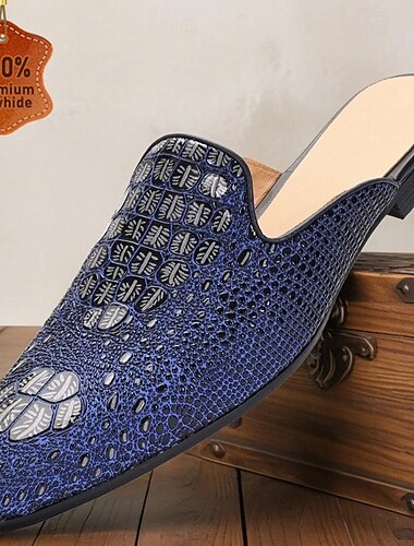  Zapatos tipo mule de piel con estampado de cocodrilo azul para hombre: mocasines de lujo sin cordones para hombres con estilo en fiestas de verano y eventos en resorts.