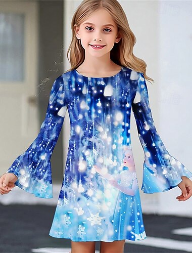  Девушки ' 3D Мультипликация Платье Платье с рюшами Длинный рукав Лето Весна Отпуск Повседневные Праздники Красивый Милая Дети 4-12 лет Повседневное платье До колена Стандартный
