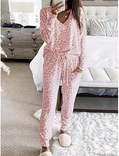  Damen Schlafanzug Set Lässig Komfort Leopard Elastischer Bund T Shirt Hose Heim Täglich Langarm V Ausschnitt Rosa Blau Grau Sommer Frühling Herbst Normale Passform