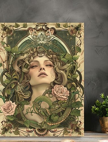  art deco medúza vászon falikép kígyó és rózsa mintával vintage stílusú keret nélküli vászonkép lakberendezéshez könnyű luxus műalkotás nappaliba, előszobába, stúdióba - kézműves kellékek