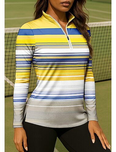  女性用 グラフィック 幾何学模様 縞柄 シャツ スポーツシャツ ポロシャツ テニスシャツ 長袖 ジッパー 花柄 UPF50+ UV耐性 高弾性 吸汗性 高通気性 テニス ゴルフ ピクルスボール ハイネック スタンド シャツ トレーナー イエロー ピンク パープル テニスウェア