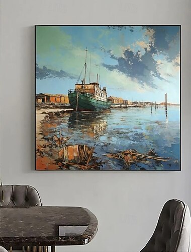  håndlavet oliemaleri lærred vægkunst dekoration vintage havneby kystby landskab til boligindretning rullet rammeløs uopstrakt maleri