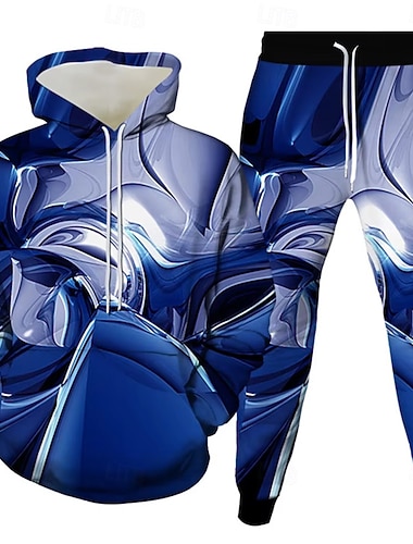  Herre Geometrisk 2stk 3D-genseresett Joggedress Hettegenser Langermet Lange bukser Med hette Sportslig Fritid hverdag Moderne treningsklær 3D-utskrift Vår Høst Vinter Rødstrupe-egg Blå Grønn