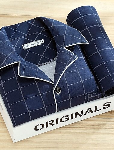  Homens Roupa de Dormir Conjunto de Pijama Top e calça de pijama 1conjunto Xadrez Moda à moda Clássico Casa Diário De Cama Poliéster Conforto Macio Respirável Lapela Manga Longa Camisa Social Calça
