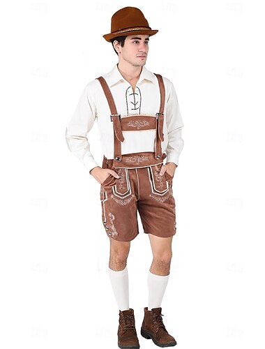  Oktoberfest レーダーホーゼン シャツ アルパインハット バイエルン ドイツ語 メドウズ 男性用 カーニバル パーティー ビール祭り 伝統的なスタイルの布 ブラウス ショートパンツ セット