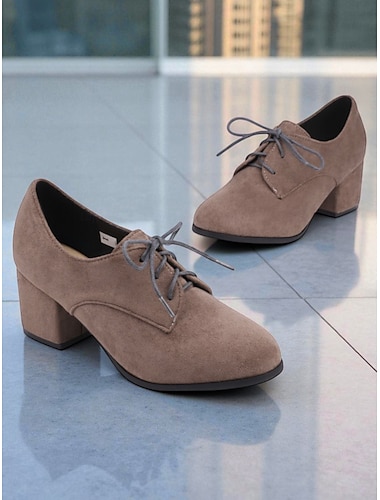  Women's Brown Suede Oxford Heels - Comfortable Walking Lace-Up Vintage Style Shoes for Autumn Winter Outfits, Office, and Daily Wear