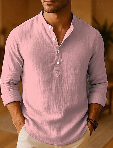  Homens Camisa Social Camisa de linho Camisa Popover Camisa casual Camisa de algodão Tecido Férias Havaiana Preto Branco Rosa cáqui Manga Longa Faixa Primavera Outono Roupa
