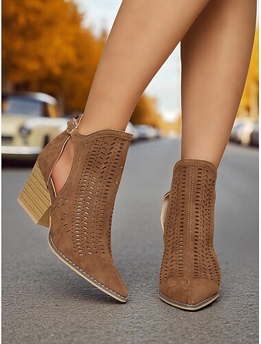  Botines de ante marrón con aberturas para mujer: botas estilo western vintage de los años 70 con tacón grueso y cremallera lateral, ideales para festivales de música, atuendos de otoño y disfraces de