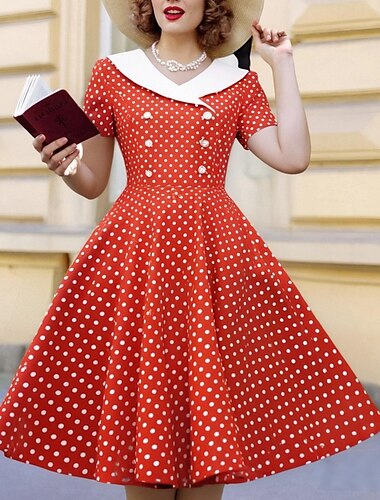  Retro Vintage Anos 50 Rockabilly Até os Joelhos Vestidos Vestido swing Vestido Flare Normal Poá Linha A Decote V Mulheres Carnaval Ano Novo Baile de Máscaras Roupa Diária Festa de Chá Festa Temática