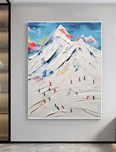  Pintura a óleo de esqui alpino texturizada em 3D feita à mão com moldura de galeria - pinceladas ousadas em tons vibrantes de inverno, esquiadores dinâmicos em picos nevados, arte de parede moderna