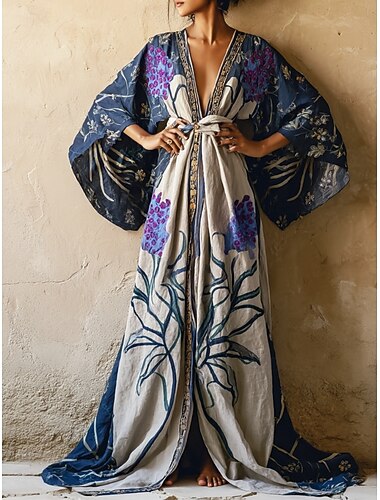  Langes Damenkleid Maxikleid Boho-Kleid Freizeitkleid Swing-Kleid Sommerkleid Vintage Urlaub Alltag Strand Regular Fit Blumen Langarm V-Ausschnitt Lila Sommer Frühling Herbst