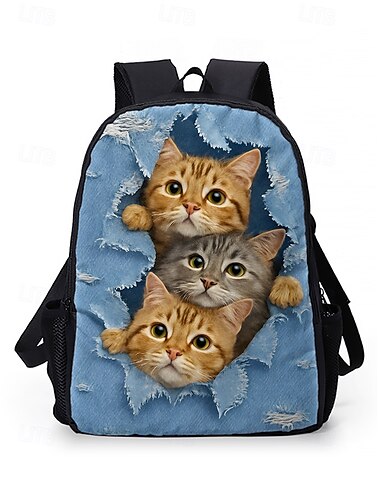  子供とティーン向けのかわいい猫プリントのバックパック - デニムスタイル、二重層デザイン、大容量、学校や旅行に最適