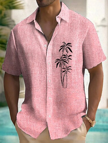  Herren Kokospalme Tropische Pflanzen Leinenhemd Sommer Hawaiihemd Knopfhemd Kurzarm Hawaiianisch Resort Urlaub Ferien Strandbekleidung Sommer Frühling Umlegekragen Hemden mit Kragen Rosa Blau Grün