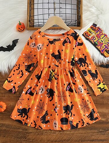  Halloween Pigers 3D Kat Flagermus Kjole Langærmet Sommer Forår Ferierejse Daglig Ferie Prinsesse Smuk Sød Børn 4-12 år Hverdagskjole A Linje Kjole Knælang Regulær