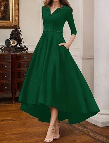  Robes cocktail A-Ligne élégantes robe formelle de mariage longueur thé robe courte haute-basse manches mi-longues décolleté en V satin extensible avec perles et poche