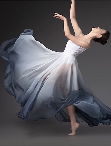  Lyrische dansrok voor dames, kleurverloop, chiffon, lange swing, transparante wikkelrokken voor moderne balletvoorstellingen
