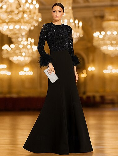  Vestido de Noite de Lantejoulas Vermelho e Preto Sereia Vestido Elegante Casamento Formal Comprimento de Chão Manga Longa Decote Redondo Crepe Elástico com Plumas