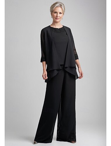  Completo pantalone in tre pezzi per madre della sposa elegante semplice lussuoso scollo a barca lungo fino al pavimento chiffon pizzo floreale con maniche 3/4,vesto con bavero a cascata